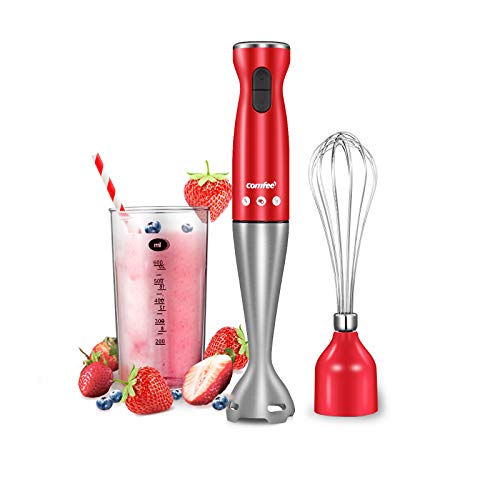 COMFEE' Immersion Hand Blender, Brushed Stainless Steel, 2-Speed, Multipurpose Stick Blender with 200 Watts, 600ml Mixing Beaker and Whisk, Perfect for Baby Food, Smoothies, Sauces and Soups, Red