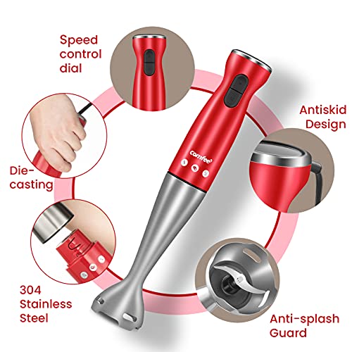 COMFEE' Immersion Hand Blender, Brushed Stainless Steel, 2-Speed, Multipurpose Stick Blender with 200 Watts, 600ml Mixing Beaker and Whisk, Perfect for Baby Food, Smoothies, Sauces and Soups, Red