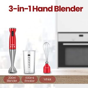 COMFEE' Immersion Hand Blender, Brushed Stainless Steel, 2-Speed, Multipurpose Stick Blender with 200 Watts, 600ml Mixing Beaker and Whisk, Perfect for Baby Food, Smoothies, Sauces and Soups, Red