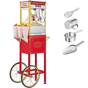 rovsun popcorn machine with cart, wheels & 8 oz kettle makes up to 32 cups, popcorn maker with stainless steel scoop, oil spoon & 3 popcorn cups for commercial home movie theater, red