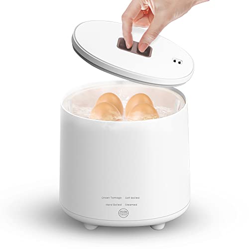 Mojoco Rapid Egg Cooker - Mini Egg Cooker for Steamed, Hard Boiled, Soft Boiled Eggs and Onsen Tamago - Electric Egg Boiler for Home Kitchen, Dorm Use - Smart Egg Maker with Auto Shut OFF and Alarm