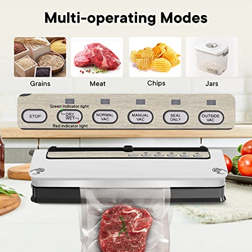 Food Vacuum Sealer Machine, Dry/Moist Vacuum Sealer with 5-in-1 Multi-operating Modes for Sous Vide and Food Storage, Built-in Roll Storage & Cutter Food Vacuum Machine,10 Pcs Bags Starter Kit, White