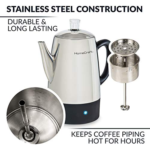 Homecraft HCPC10SS 10-Cup Stainless Steel Coffee Maker Percolator, Easy-Pour Spout, LED Indicator Light, Keep Warm Function