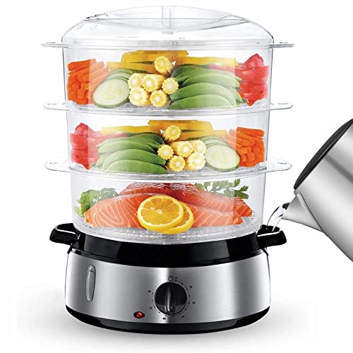 FOHERE Electric Food Steamer for Cooking, Vegetable Steamer 800W Fast Heating with 3 Tiers BPA-Free Nested Basket Trays and Auto Shut-off 60-min Timer, Rice Bowl Included, 9.5QT