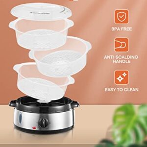 FOHERE Electric Food Steamer for Cooking, Vegetable Steamer 800W Fast Heating with 3 Tiers BPA-Free Nested Basket Trays and Auto Shut-off 60-min Timer, Rice Bowl Included, 9.5QT