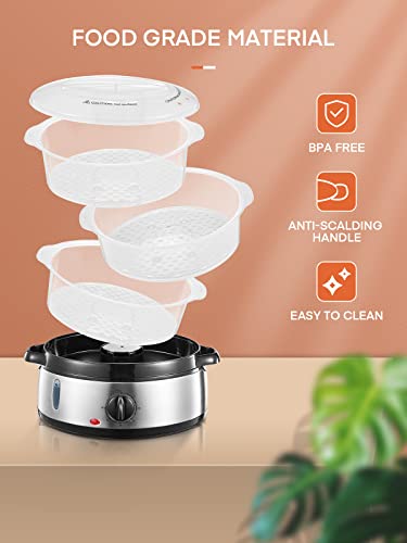 FOHERE Electric Food Steamer for Cooking, Vegetable Steamer 800W Fast Heating with 3 Tiers BPA-Free Nested Basket Trays and Auto Shut-off 60-min Timer, Rice Bowl Included, 9.5QT