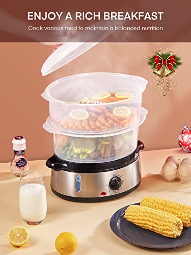 FOHERE Electric Food Steamer for Cooking, Vegetable Steamer 800W Fast Heating with 3 Tiers BPA-Free Nested Basket Trays and Auto Shut-off 60-min Timer, Rice Bowl Included, 9.5QT