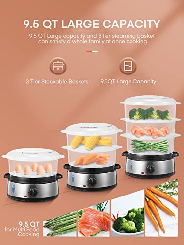 FOHERE Electric Food Steamer for Cooking, Vegetable Steamer 800W Fast Heating with 3 Tiers BPA-Free Nested Basket Trays and Auto Shut-off 60-min Timer, Rice Bowl Included, 9.5QT