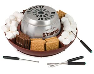 nostalgia lsm400 indoor electric stainless steel s’mores maker with 4 lazy susan compartment trays for graham crackers, chocolate, marshmallows and 4 roasting forks