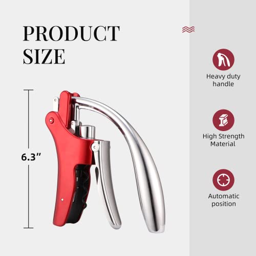KITVINOUS Wine Opener, Vertical Lever Corkscrew with Non-Stick Worm, Compact Wine Bottle Opener Manual with Two-Motion Ergonomic Handle and Built-in Foil Cutter, Red