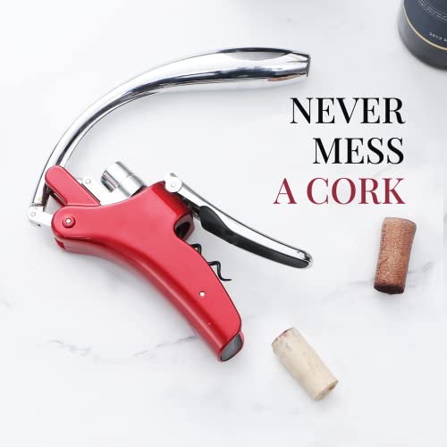 KITVINOUS Wine Opener, Vertical Lever Corkscrew with Non-Stick Worm, Compact Wine Bottle Opener Manual with Two-Motion Ergonomic Handle and Built-in Foil Cutter, Red