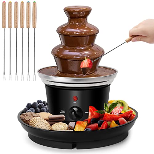 Outamateur 16-Ounce Chocolate Fondue Fountain,3-Tier MINI Chocolate Fountain,Electric Melting Machine with 6PCS Fondue Fork,Hot Chocolate Fondue With Removal Fruits/Nuts/Treats Serving Tray,for BBQ Sauce,Ranch,Nacho Cheese,Liqueurs (Black)