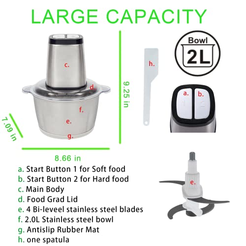 Electric Meat Grinder, 8-Cup Food processors with 2L Stainless Steel Bowl,meat mincer,Mini food Chopper for Meat, Vegetables, Fruits, 300W Powerful Motor 4 Detachable Stainless Steel Blades