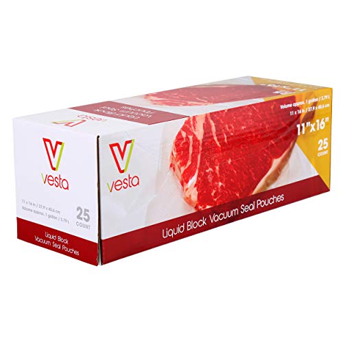 Vesta Precision Liquid Block Vacuum Seal Pouches - Clear and Embossed Vacuum Sealer Bags - Great for Food Storage and Sous Vide - 11 x 16 inches - 25 Vacuum Seal Bags Per Box