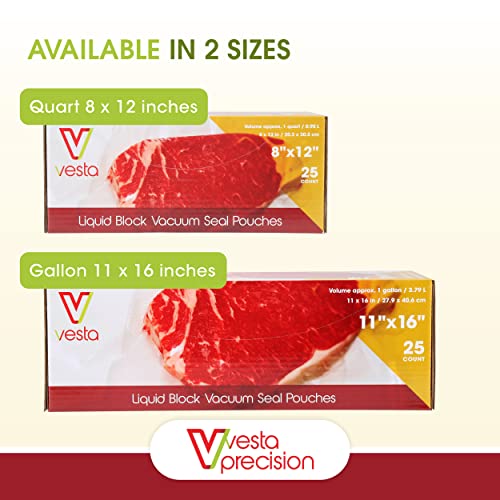 Vesta Precision Liquid Block Vacuum Seal Pouches - Clear and Embossed Vacuum Sealer Bags - Great for Food Storage and Sous Vide - 11 x 16 inches - 25 Vacuum Seal Bags Per Box