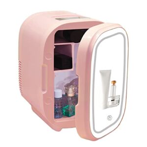 vnimti mini skincare fridge 8 liter, portable small compact refrigerator mirror makeup fridge with ac/dc power, perfect for bedroom, office, car, outdoor (mirror – pink)