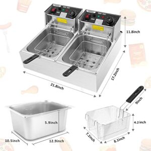 Hopekings Deep Fryer, 20.7QT Commercial Deep Fryer with 2 x 6.35QT Baskets Stainless Steel Countertop Oil Fryer with Temperature Limiter and Over Current Protection for Home Kitchen and Restaurant