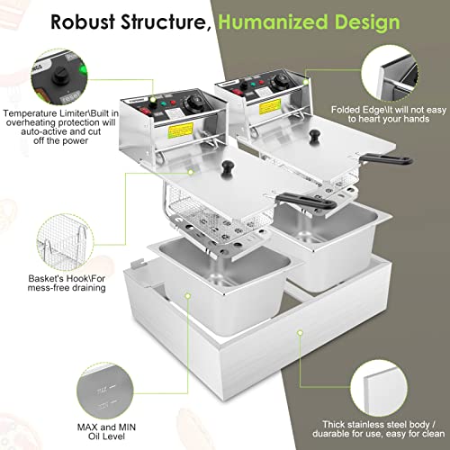 Hopekings Deep Fryer, 20.7QT Commercial Deep Fryer with 2 x 6.35QT Baskets Stainless Steel Countertop Oil Fryer with Temperature Limiter and Over Current Protection for Home Kitchen and Restaurant