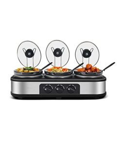 triple slow cooker with lid rests, breakfast buffet servers and warmers with 3 x 1.5qt, tempered glass lids & 3 adjustable temp, dishwasher safe, stainless steel