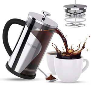 tbgenius french press coffee maker 2-4 cups, 21oz coffee press perfect for coffee lover gifts morning coffee, 4 level filtration, stainless steel housing – brews milk froth and tea – 600ml