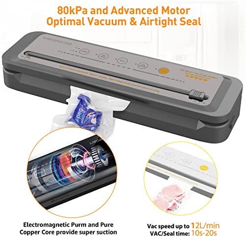 Vacuum Sealer Machine, MEGAWISE Food Sealer w/ Starter Kit, Dry & Moist Food Modes, Compact Design with 10 Vacuum Bags & Bulit-in Cutter(Grey)