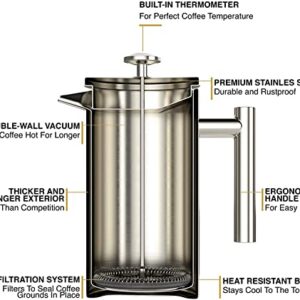 Barista Warrior French Press with Thermometer - Insulated Coffee Press - Stainless Steel French Press Coffee Maker (1.0L, 34 fl oz, Gray)