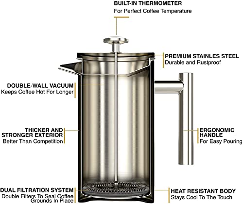 Barista Warrior French Press with Thermometer - Insulated Coffee Press - Stainless Steel French Press Coffee Maker (1.0L, 34 fl oz, Gray)