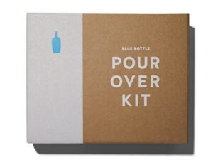 blue bottle pour-over coffee kit with ceramic dripper, filters, carafe and guide
