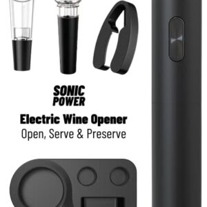 SonicPower Electric Wine Opener Set, Uncork without Effort, Open Serve & Preserve Attachments, Battery Operated, Sleek Black Finish