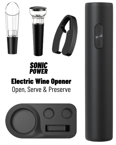 SonicPower Electric Wine Opener Set, Uncork without Effort, Open Serve & Preserve Attachments, Battery Operated, Sleek Black Finish