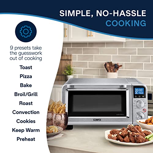 De'Longhi Air Fry Oven, Premium 9-in-1 Digital Air Fry Convection Toaster Oven, Grills, Broils, Bakes, Roasts, Keep Warm, Reheats, 1800-Watts + Cooking Accessories, Stainless Steel, 14L, EO141164M