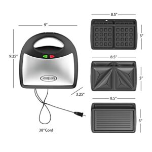 Panini Press, Grill, Waffle Maker- 3-in-1 Electric Cooking Appliance for Quick Meals, Burgers, Gourmet Sandwich with Nonstick Plates by Chef Buddy