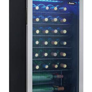 Danby DWC036A1BSSDB-6 3.3 Cu. Ft. Free Standing Wine Cooler, Holds 36 Bottles, Single Zone Fridge with Glass Door-Chiller for Kitchen, Home Bar, Stainless Steel