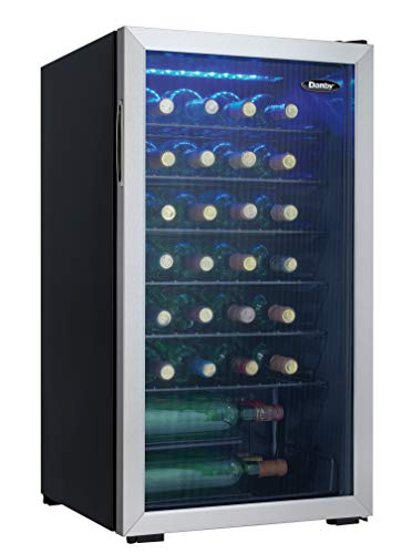 Danby DWC036A1BSSDB-6 3.3 Cu. Ft. Free Standing Wine Cooler, Holds 36 Bottles, Single Zone Fridge with Glass Door-Chiller for Kitchen, Home Bar, Stainless Steel