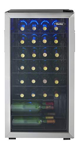 Danby DWC036A1BSSDB-6 3.3 Cu. Ft. Free Standing Wine Cooler, Holds 36 Bottles, Single Zone Fridge with Glass Door-Chiller for Kitchen, Home Bar, Stainless Steel