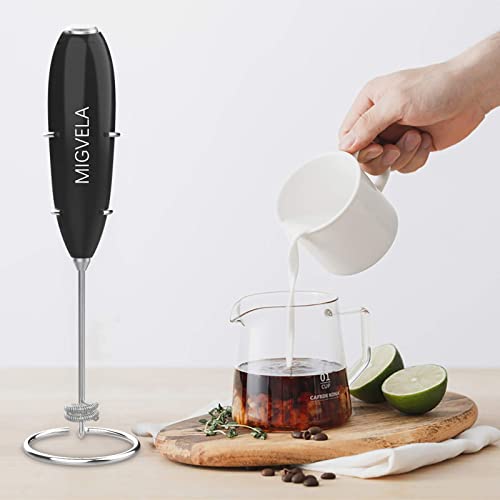 MIGVELA Coffee Milk Frother Handheld Electric Double Whisk Drink Mixer Battery Operated One-Button Hand Held Mini Foam Maker with Stand for Coffee Latte Cappuccino Hot Chocolate