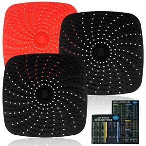 Silicone Air Fryer Liners Square, Air Fryer Accessories Reusable Air Fryer Liners 8 Inch 3 Pack, Air Fryer Silicone Mat, Non-Stick and Heated Food More Evenly, Includes Air Fryer Magnetic Cheat Sheet