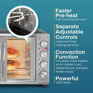 Elite Gourmet ETO4510B French Door 47.5Qt, 18-Slice Convection Oven 4-Control Knobs, Bake Broil Toast Rotisserie Keep Warm, Includes 2 x 14" Pizza Racks, Stainless Steel