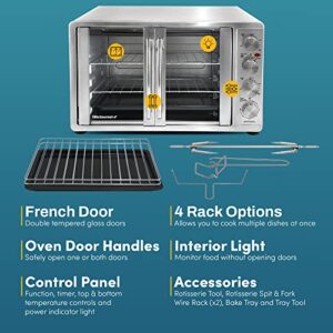 Elite Gourmet ETO4510B French Door 47.5Qt, 18-Slice Convection Oven 4-Control Knobs, Bake Broil Toast Rotisserie Keep Warm, Includes 2 x 14" Pizza Racks, Stainless Steel