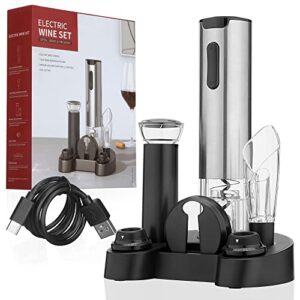 life h&k electric wine bottle opener – opener, aerator pourer, charging storage base, foil cutter, vacuum pump & 2 stoppers rechargeable portable gifts for lovers, couples, mom, 8.5”x11.75”x2.5”