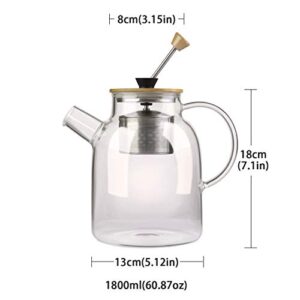 IDEALUX Glass Tea Kettle 64OZ, Large Tea Maker with SUS304 Tea Infuser & Bamboo Lid, Stovetop Safe Tea Pot for Loose Leaf Tea, Teabags Herbal Tea Cold Coffee Tea Brewer for Loose Tea