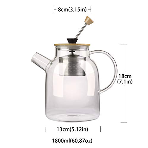 IDEALUX Glass Tea Kettle 64OZ, Large Tea Maker with SUS304 Tea Infuser & Bamboo Lid, Stovetop Safe Tea Pot for Loose Leaf Tea, Teabags Herbal Tea Cold Coffee Tea Brewer for Loose Tea