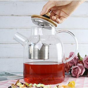 IDEALUX Glass Tea Kettle 64OZ, Large Tea Maker with SUS304 Tea Infuser & Bamboo Lid, Stovetop Safe Tea Pot for Loose Leaf Tea, Teabags Herbal Tea Cold Coffee Tea Brewer for Loose Tea