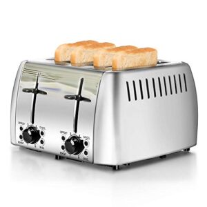 prepameal 4 slice toaster stainless steel toaster two slice bagel toaster small bake toaster with 6 browning setting, reheat, defrost, bagel, cancel function, extra wide slots (silver – 4 slice)