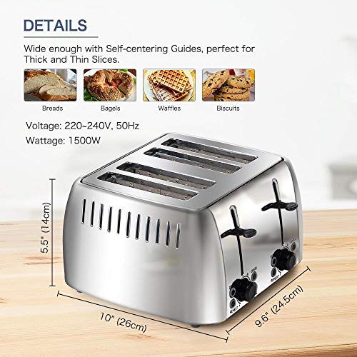 prepAmeal 4 Slice Toaster Stainless Steel Toaster Two Slice Bagel Toaster Small Bake Toaster with 6 Browning Setting, Reheat, Defrost, Bagel, Cancel Function, Extra Wide Slots (silver - 4 slice)