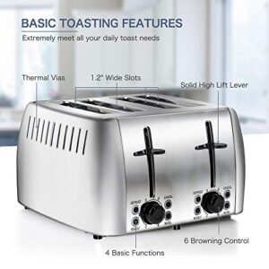 prepAmeal 4 Slice Toaster Stainless Steel Toaster Two Slice Bagel Toaster Small Bake Toaster with 6 Browning Setting, Reheat, Defrost, Bagel, Cancel Function, Extra Wide Slots (silver - 4 slice)