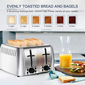 prepAmeal 4 Slice Toaster Stainless Steel Toaster Two Slice Bagel Toaster Small Bake Toaster with 6 Browning Setting, Reheat, Defrost, Bagel, Cancel Function, Extra Wide Slots (silver - 4 slice)