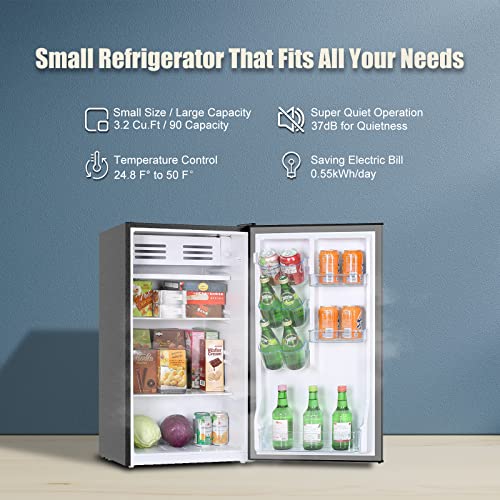 Frestec Mini Fridge, Mini Fridge with Freezer, 3.2 Cu.Ft Mini Refrigerator with One-touch Easy Defrost,37 dB Low Noise, Compact Small Refrigerator for Dorm, Bedroom, Office (Stainless Steel)…