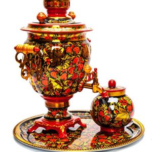 Red Khokhloma Electric Samovar Kettle with Teapot and Tray