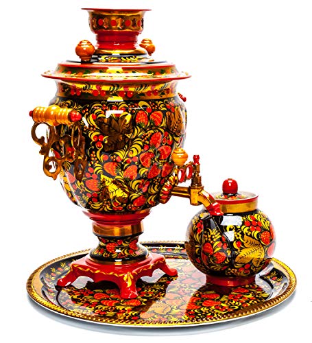 Red Khokhloma Electric Samovar Kettle with Teapot and Tray